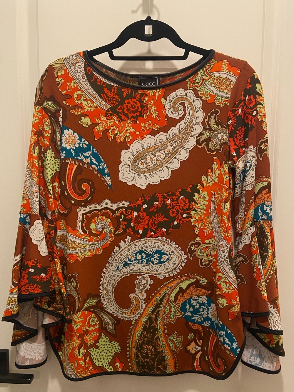 Coco Bianco Brown Paisley Bell-Sleeve Tunic with Orange & Teal Accents